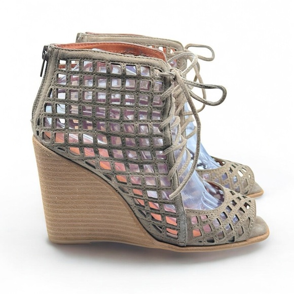 JEFFREY CAMPBELL‎ Cuadro-Hi Wedge Lace-Up Lattice Sandals Beige Taupe Sz 8 - Picture 7 of 11